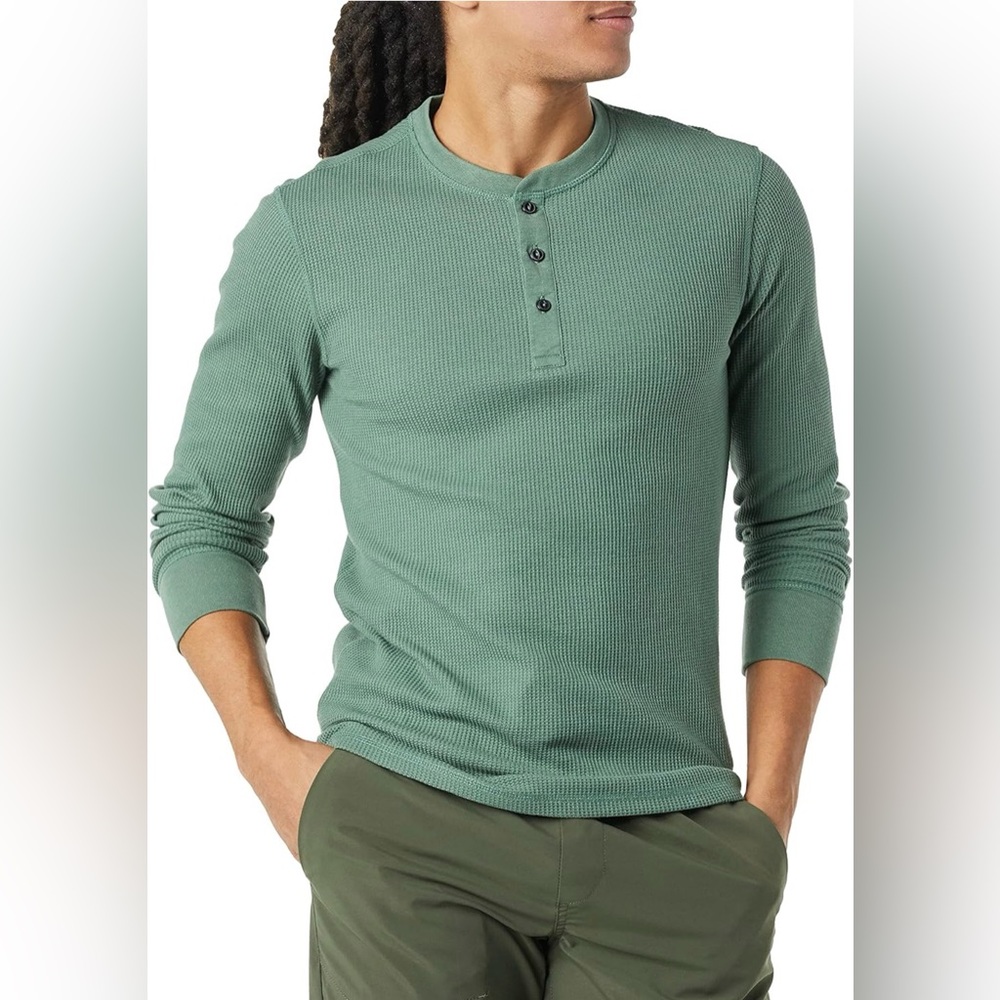 Amazon Essentials Men's Green Long Sleeve Henley